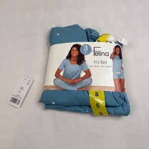 Felina Womens 3 Piece Pajama Set Blue Polka Dot Tee Short Jogger S